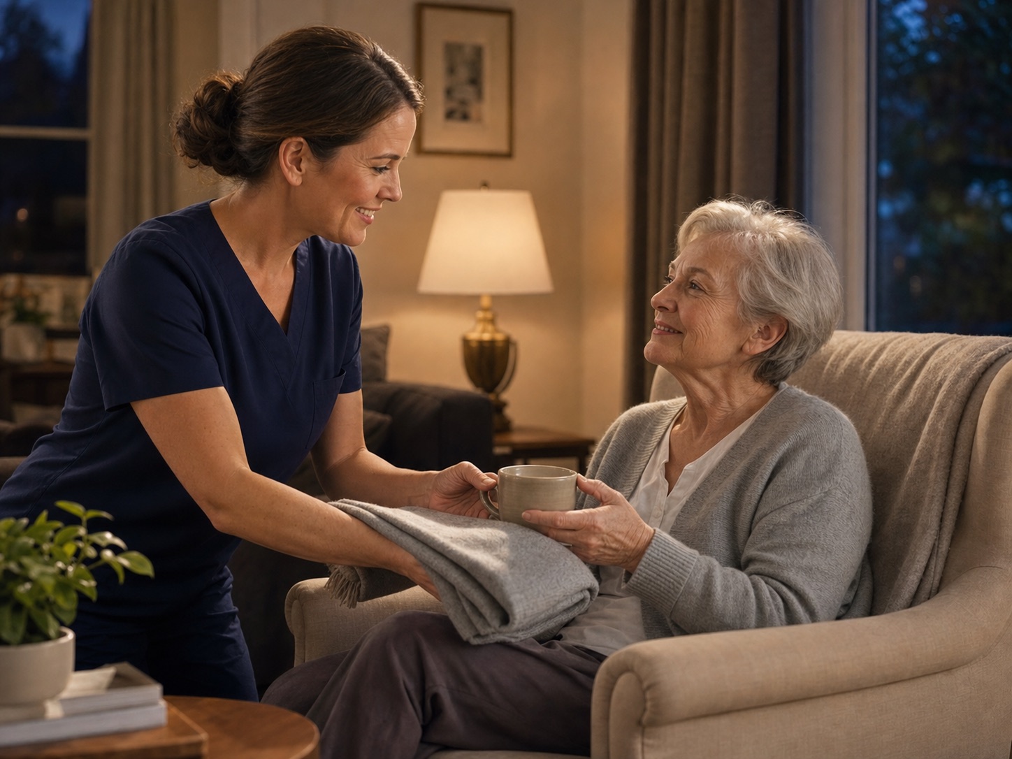 An Angel’s Kare caregiver bringing a blanket and a warm drink to an older woman in the evening
