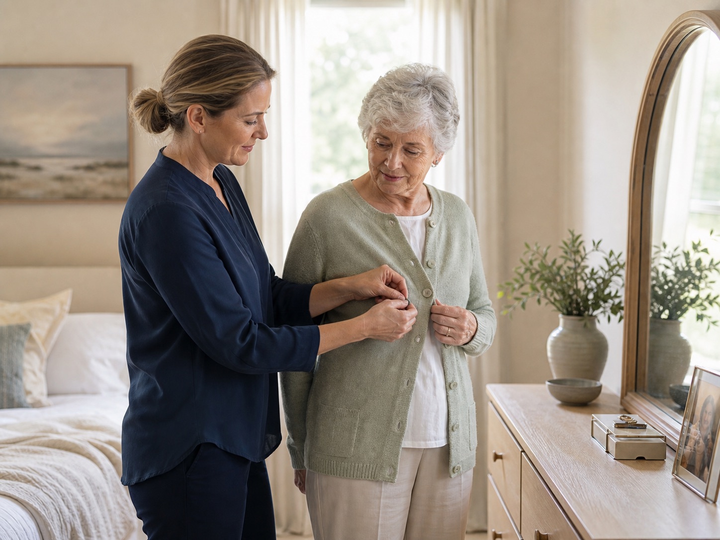 An Angel’s Kare caregiver helping an older woman with her cardigan during a morning routine