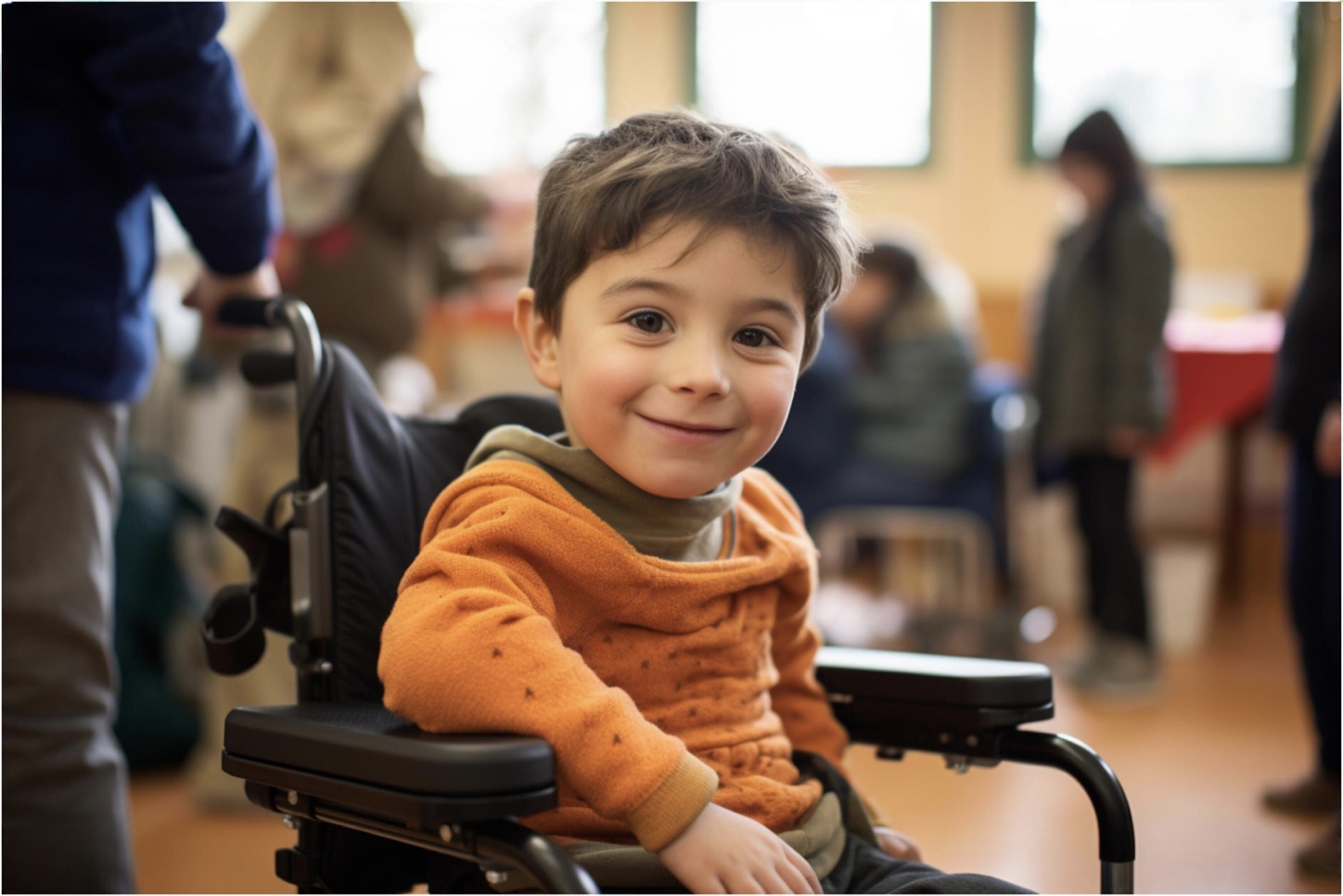 A young boy in a wheelchair smiling in a school classroom